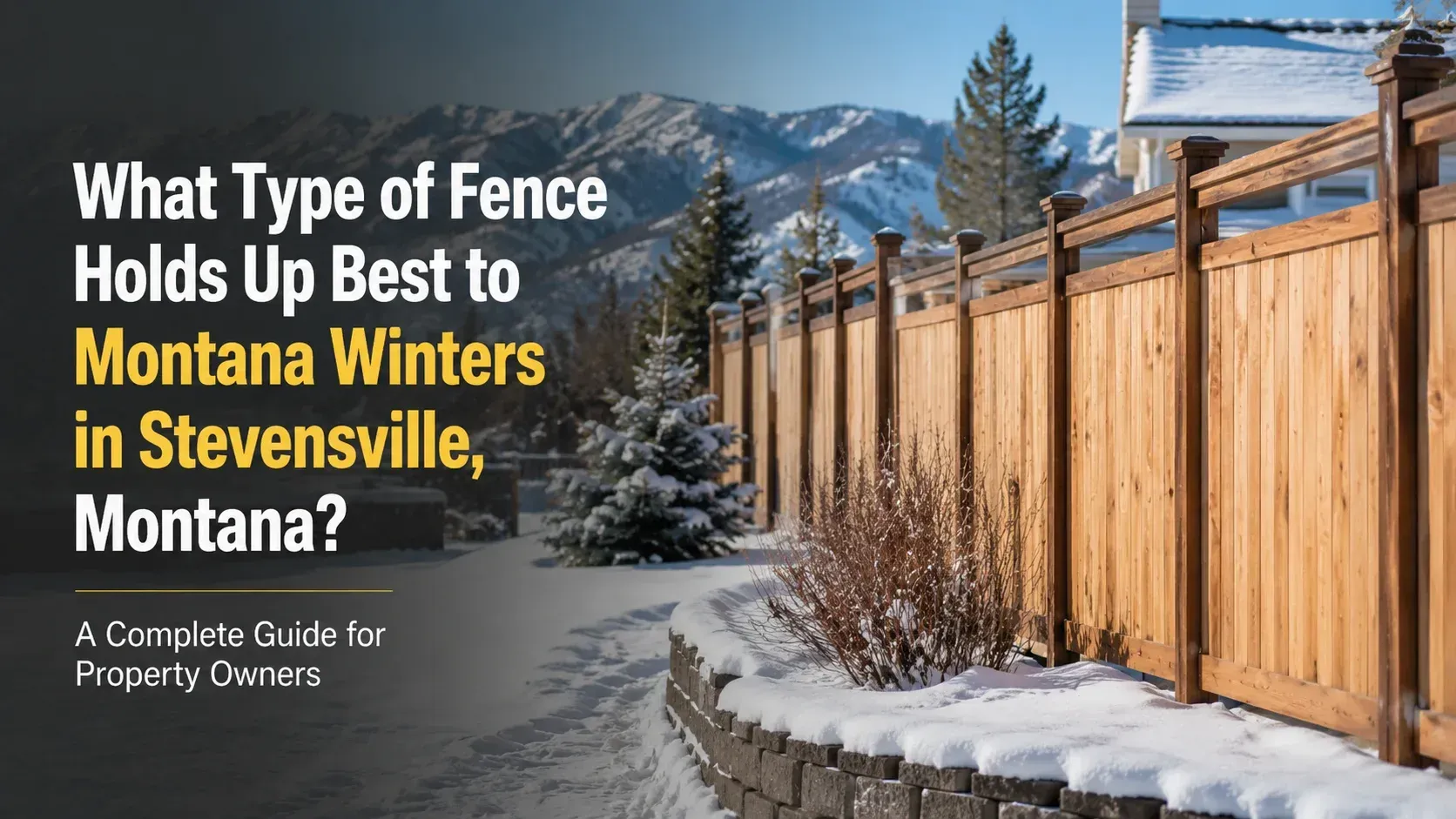 A wooden fence line surrounded by deep snow with mountains in the background, showing what type of fence holds up best in Stevensville, Montana.