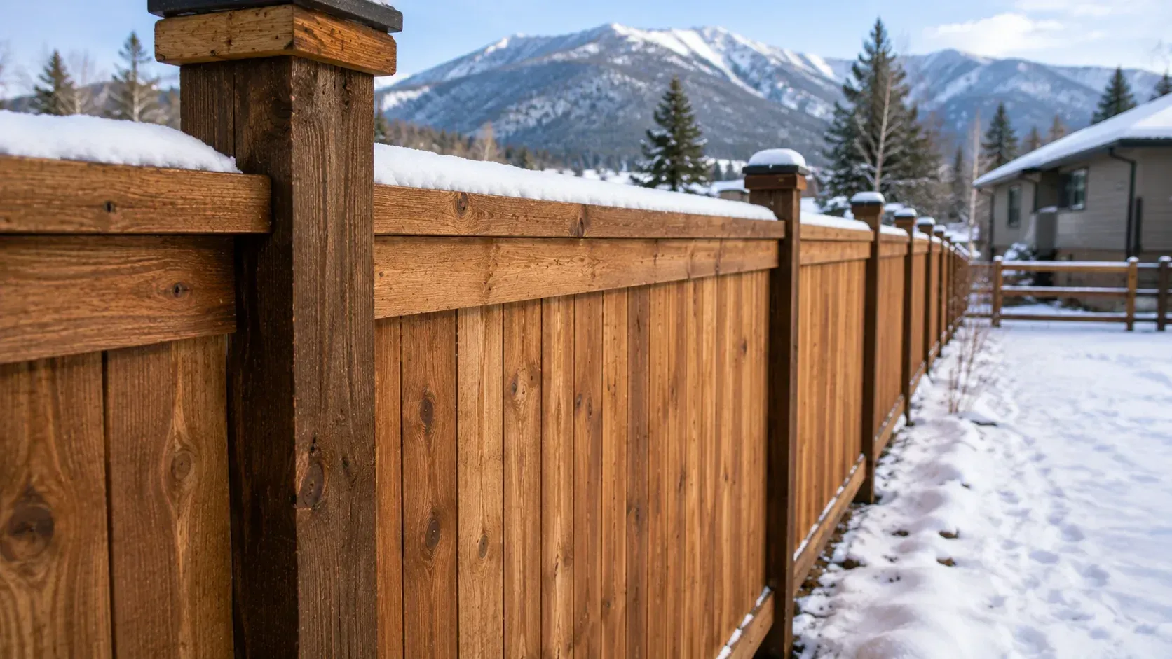 A wooden fence standing in snow, illustrating what type of fence holds up best in Montana winters.