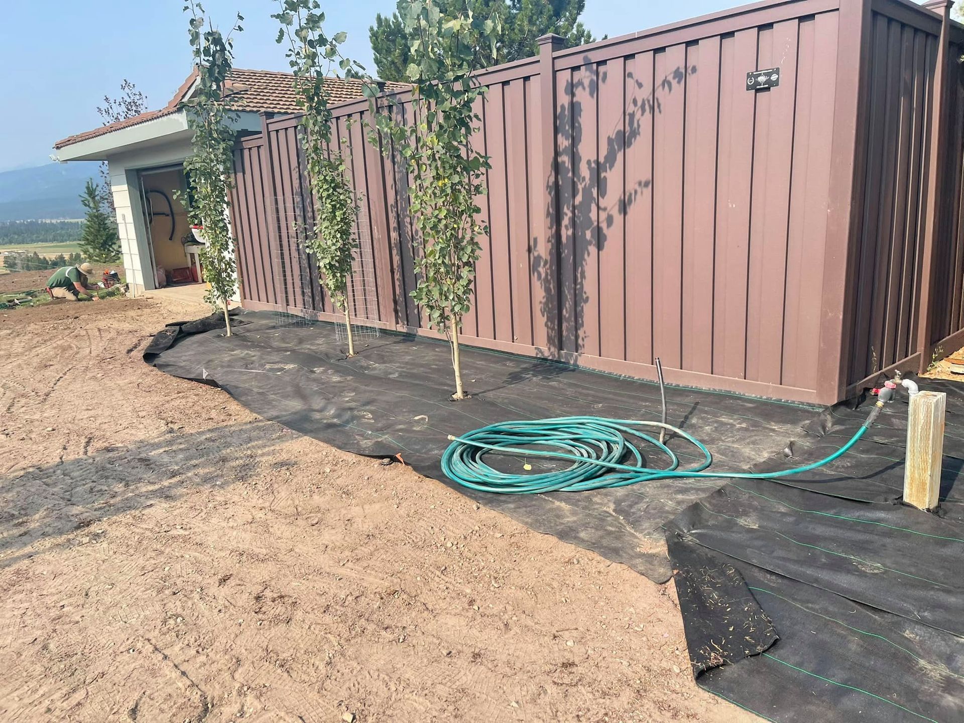 A dirt yard with a brown fence and young trees, featuring black landscaping fabric on the ground and a green garden hose.