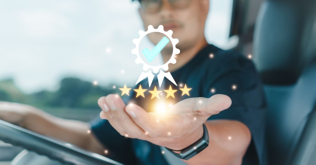 A truck driver in a cab holds out a hand beneath a glowing five-star rating and approval badge graphic.