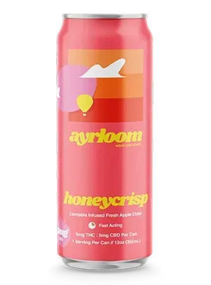 Pink Ayrloom honeycrisp apple can with pastel clouds and sun graphic