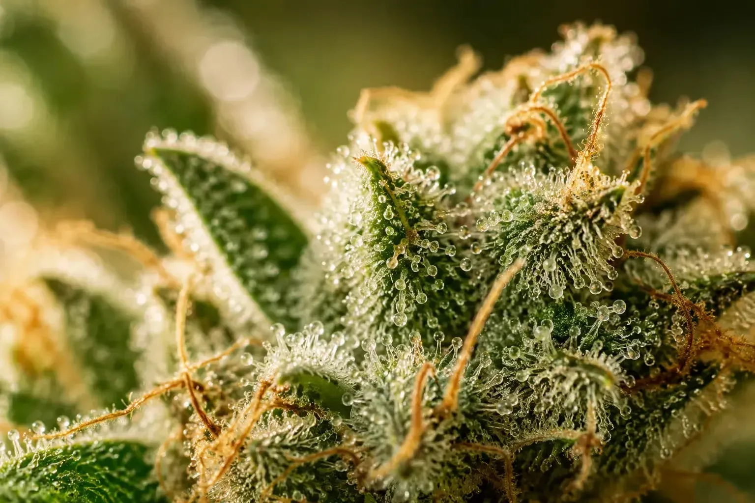 cannabis flower, macro shot, green with orange hairs
