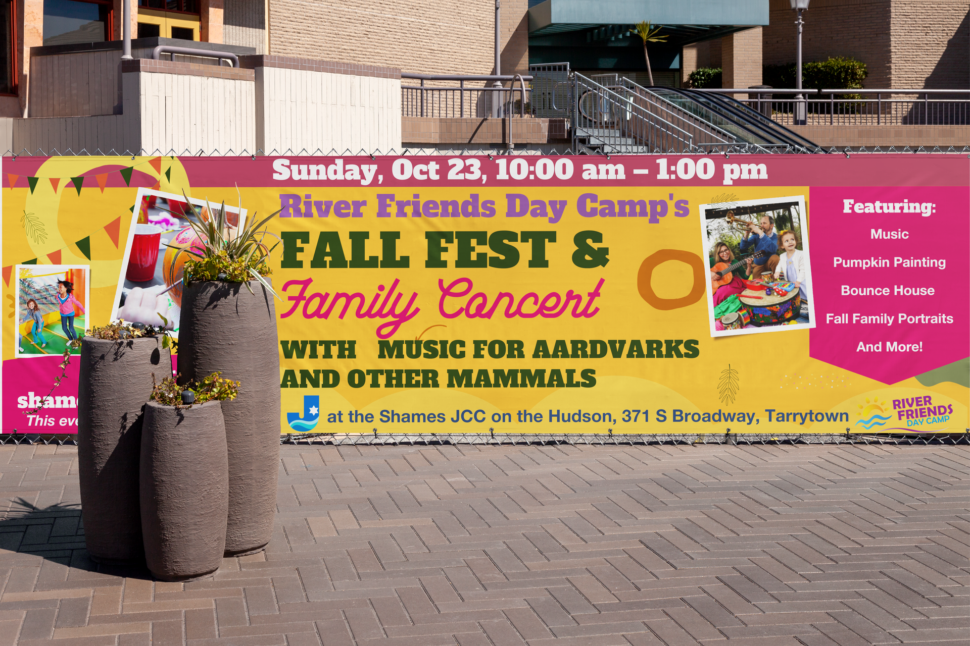 A sign for the river friends day camp 's fall fest and family concert