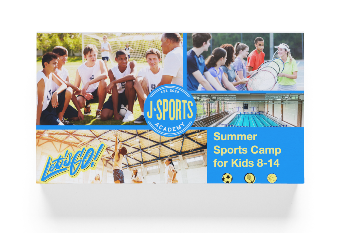 A poster for a summer sports camp for kids 8-14.