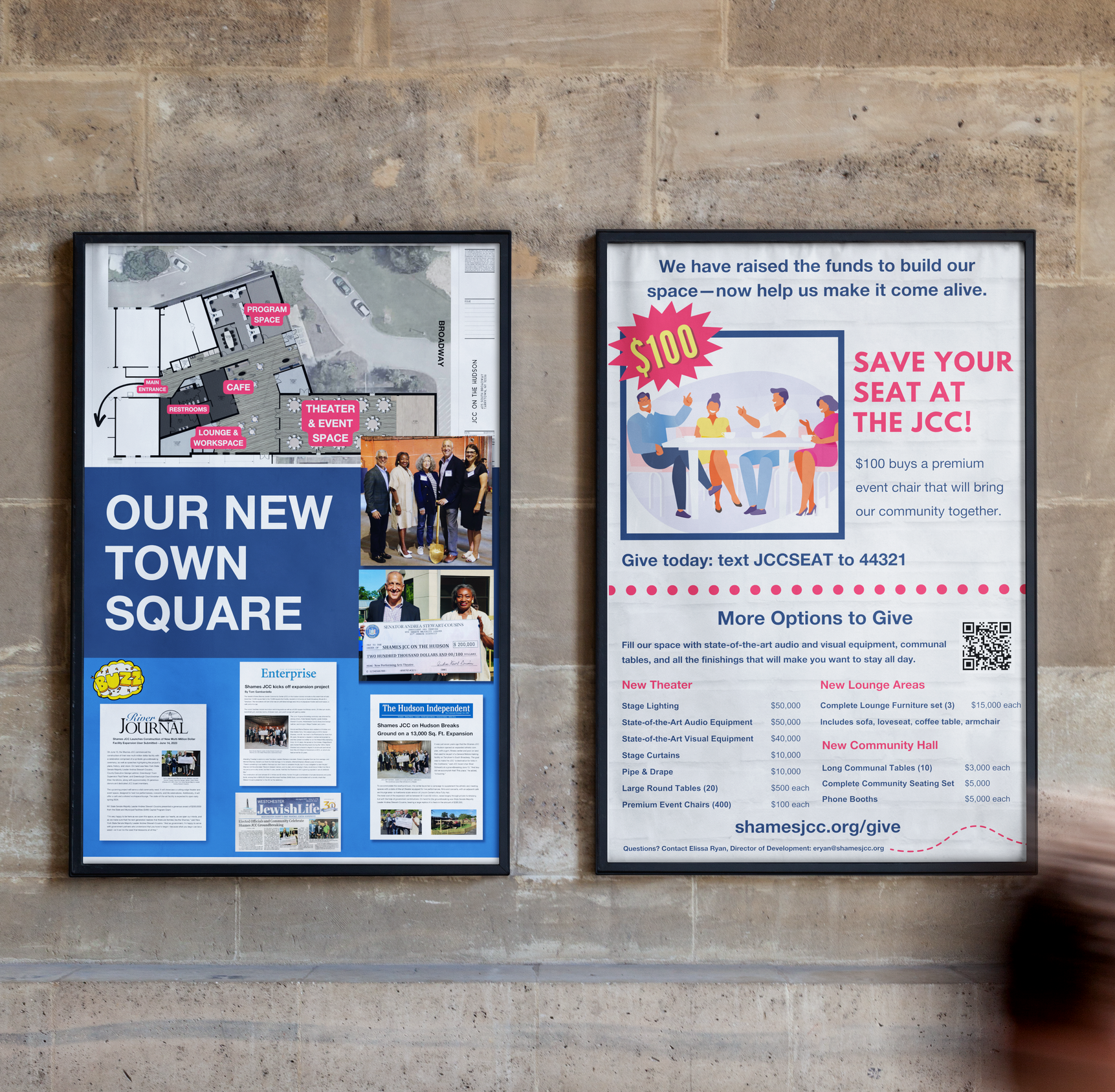 A poster on a wall that says our new town square