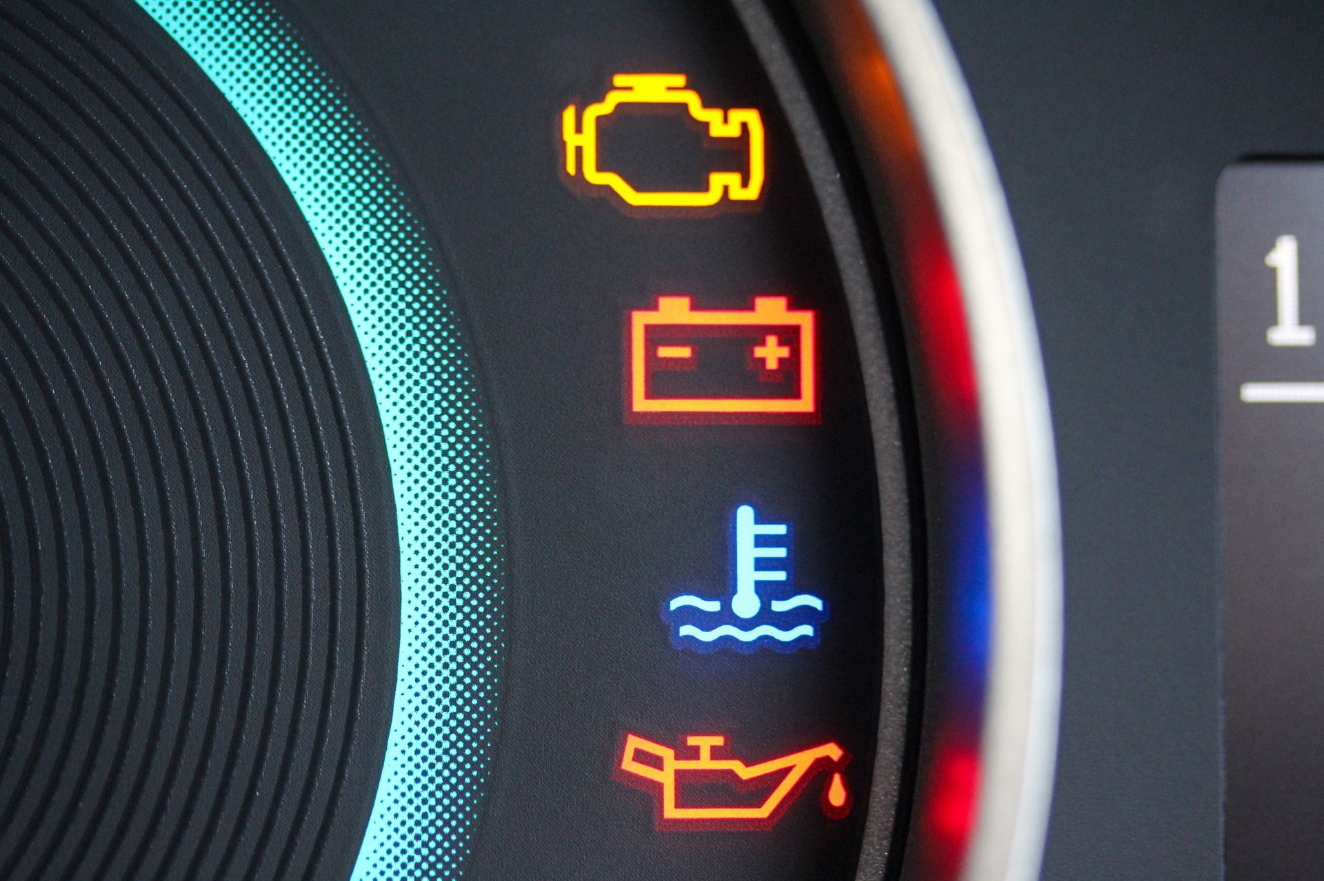 Dashboard warning lights lit: check engine, battery, temperature, and oil pressure indicators illuminated.