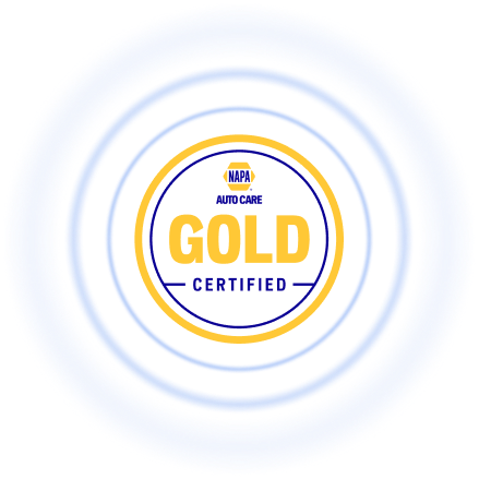 NAPA Auto Care Gold Certified badge, blue and yellow, concentric circles, centered on white background.