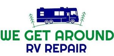 Logo for We Get Around RV Repair with a blue RV and green text