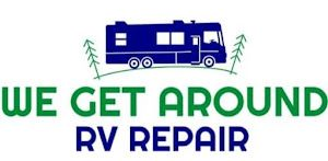 Logo for We Get Around RV Repair with a blue RV and green text