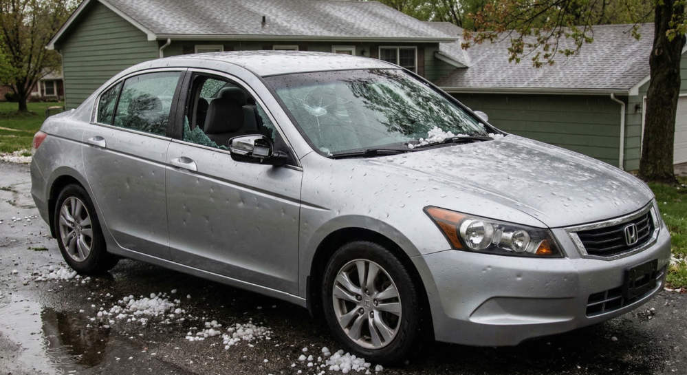 Silver sedan with visible hail damage dents and broken windows parked outside after a hailstorm in t