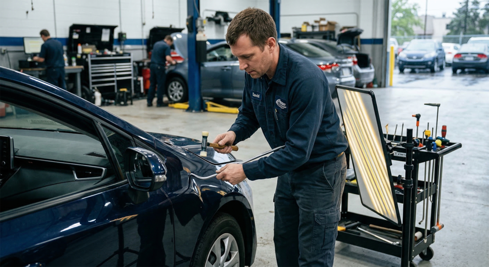 Technician performing paintless dent repair on a blue car inside an auto repair shop after a hail