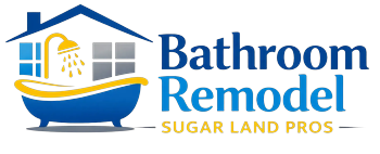 Logo with a blue bathtub, shower, and house icon. The text says
