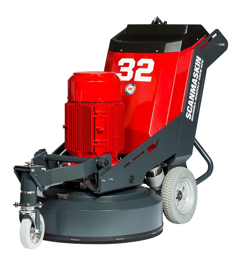 Red commercial floor scrubber with black and gray frame, large white “32” on the tank.