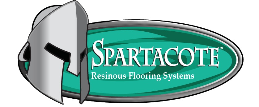 Spartacote logo with teal oval and gray shield graphic, reading “SPARTACOTE Resilious Flooring Systems”