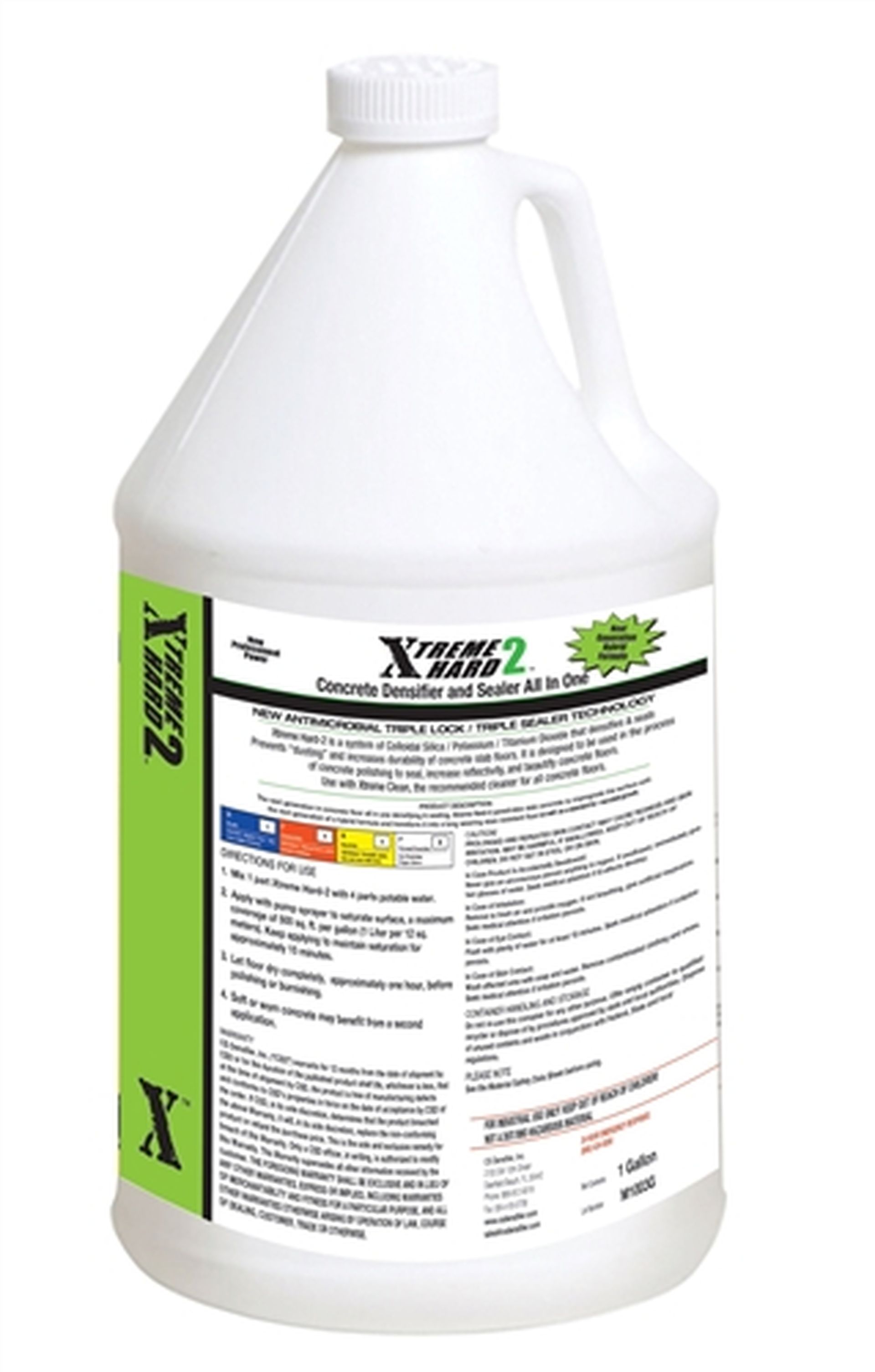 White plastic gallon jug of XtremeX pesticide with green label on plain background
