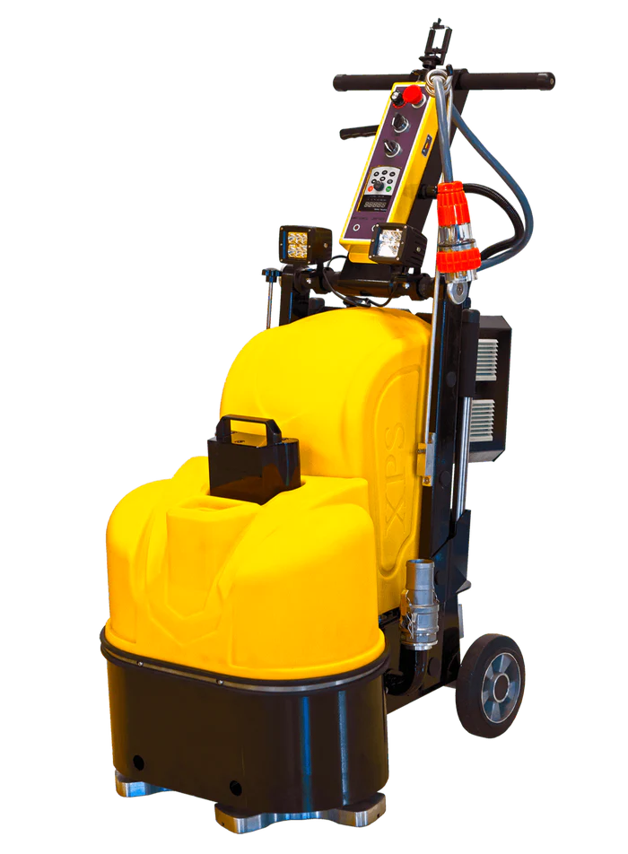Yellow industrial floor-cleaning machine with black base and handle, shown on a white background