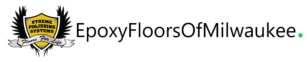 EpoxyFloorsOfMilwaukee logo with a yellow shield and black text on a white background