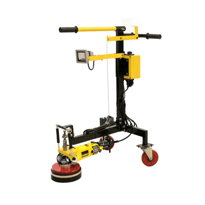 Yellow floor grinder with handle and side wheel on a white background