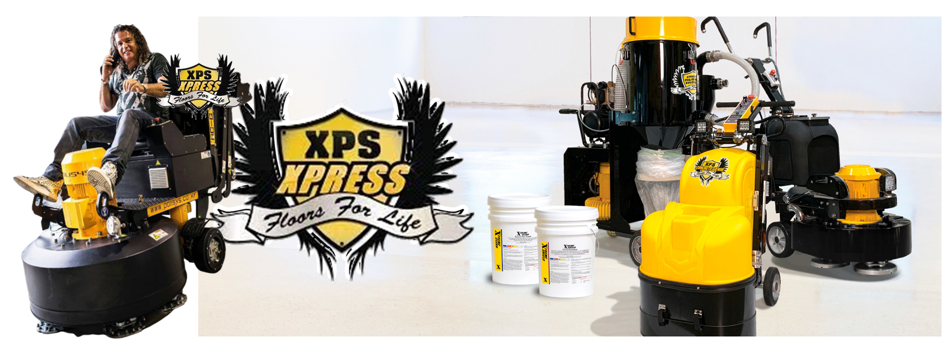 XPS Pressure Washers promotional display with yellow-and-black equipment and cleaning products