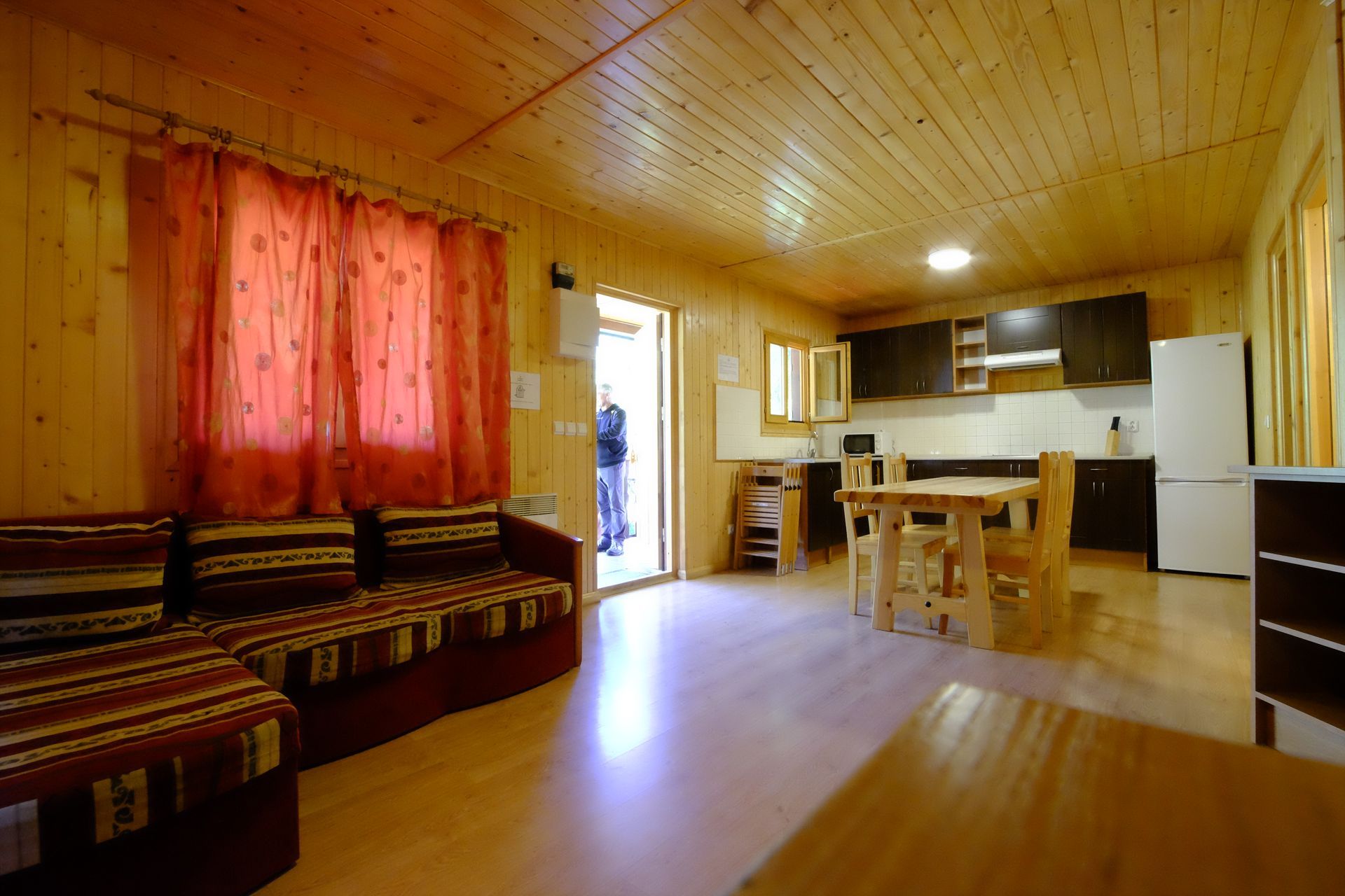 Interior de una cabaña de madera con sofá, cocina, mesa y puerta abierta.
