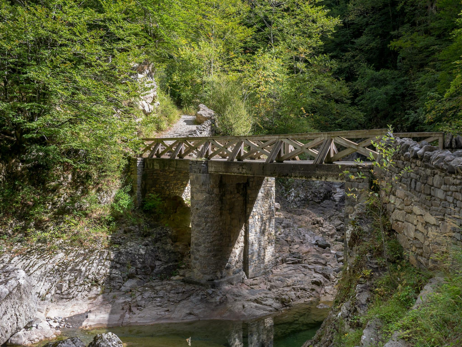 Puente de madera sobre un arroyo poco profundo y rocoso en un entorno boscoso.