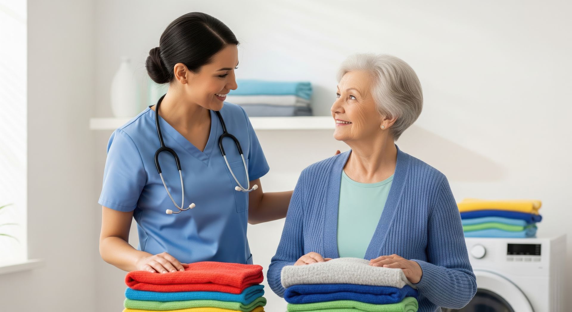 A healthcare worker in blue scrubs and a senior individual smiling while folding colorful laundry in a bright room.