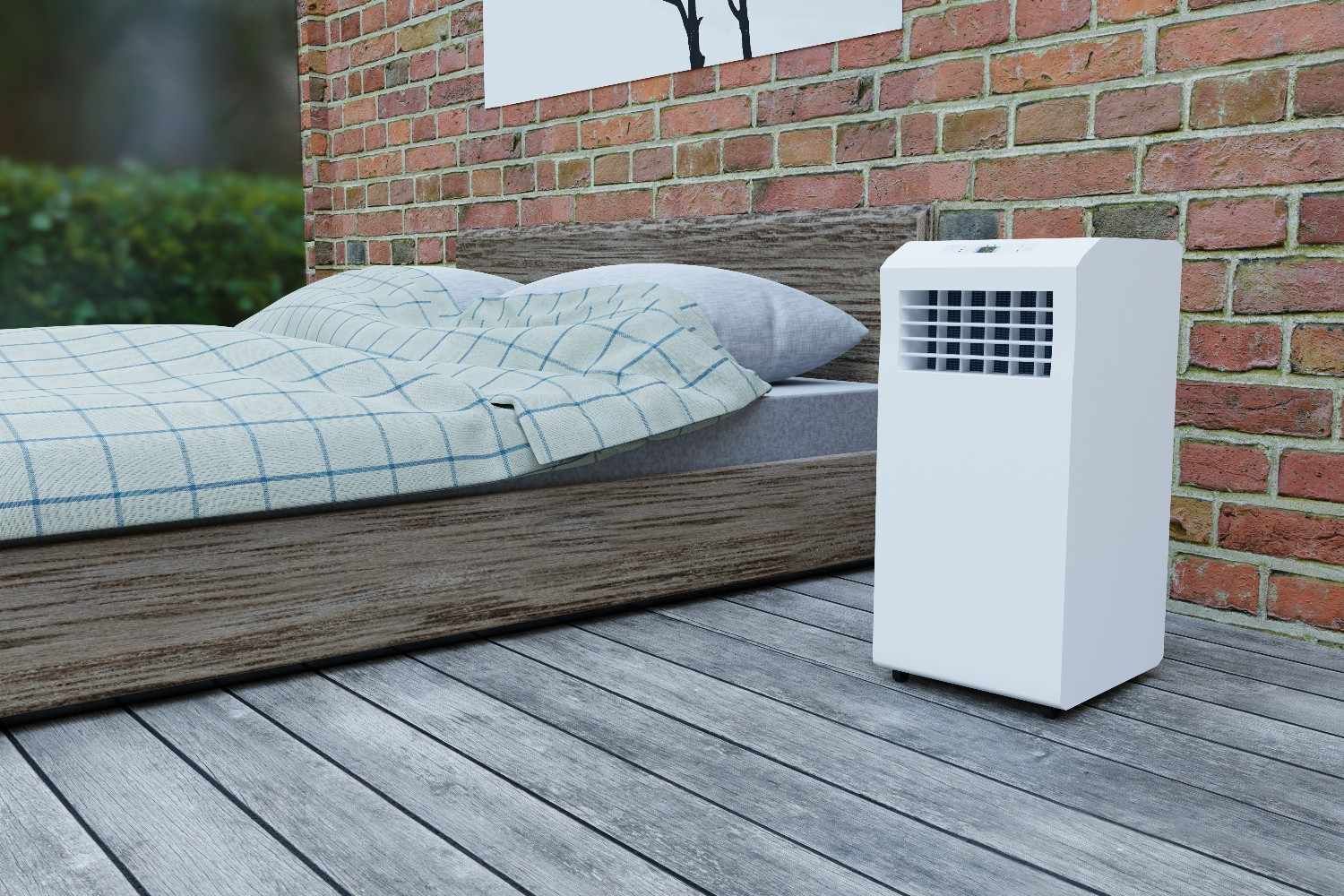 White Portable Air Conditioner Next to A Bed on A Wooden Deck — Messina Air Conditioning & Electrical in Smithfield, QLD