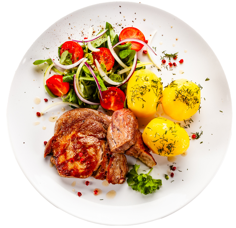 A white plate topped with meat potatoes and vegetables A white plate topped with meat potatoes and vegetables
