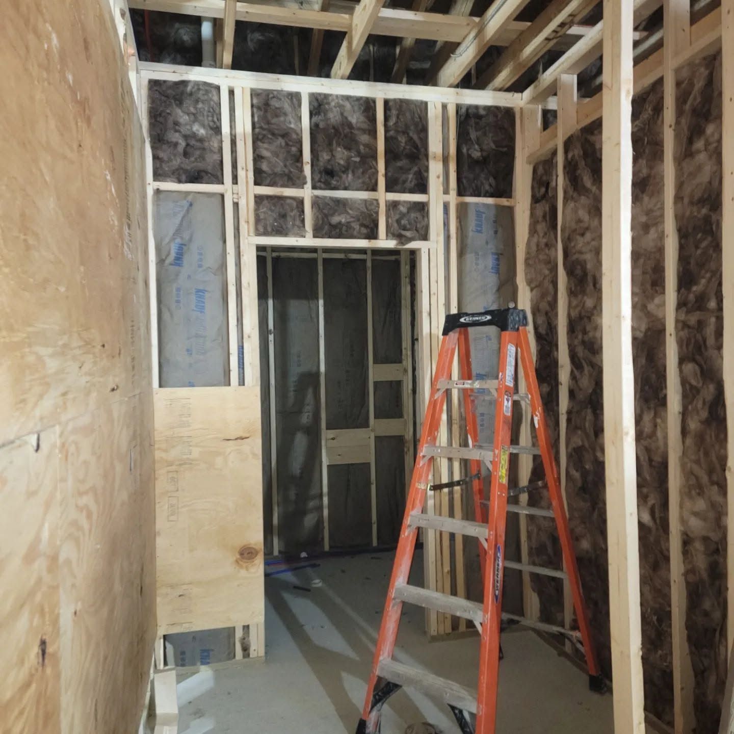 Partially framed room under construction with plywood walls, exposed studs, and an orange ladder near a doorway
