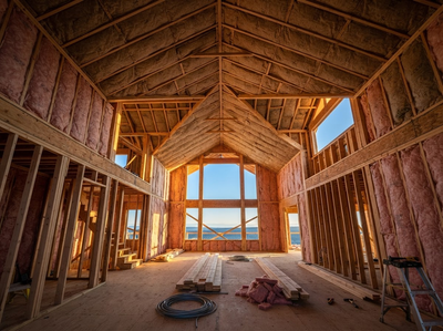 Interior of a wooden house under construction with exposed framing and sunlight through large windows.