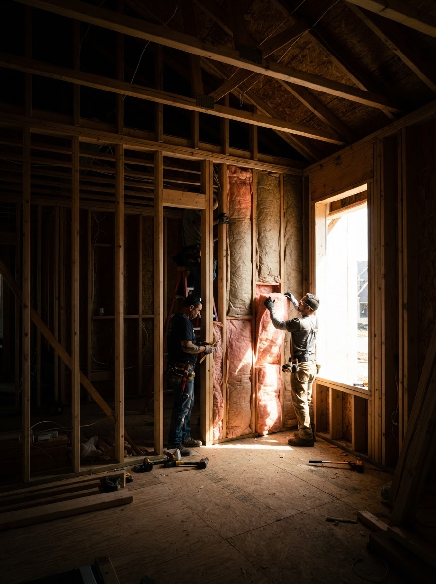 Two workers framing a sunlit wall inside an unfinished house with exposed studs and insulation.