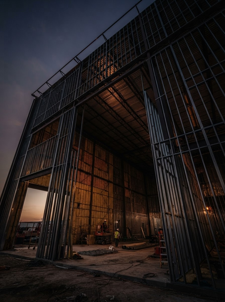 Steel-framed building under construction at dusk, viewed from inside with warm lights glowing inside