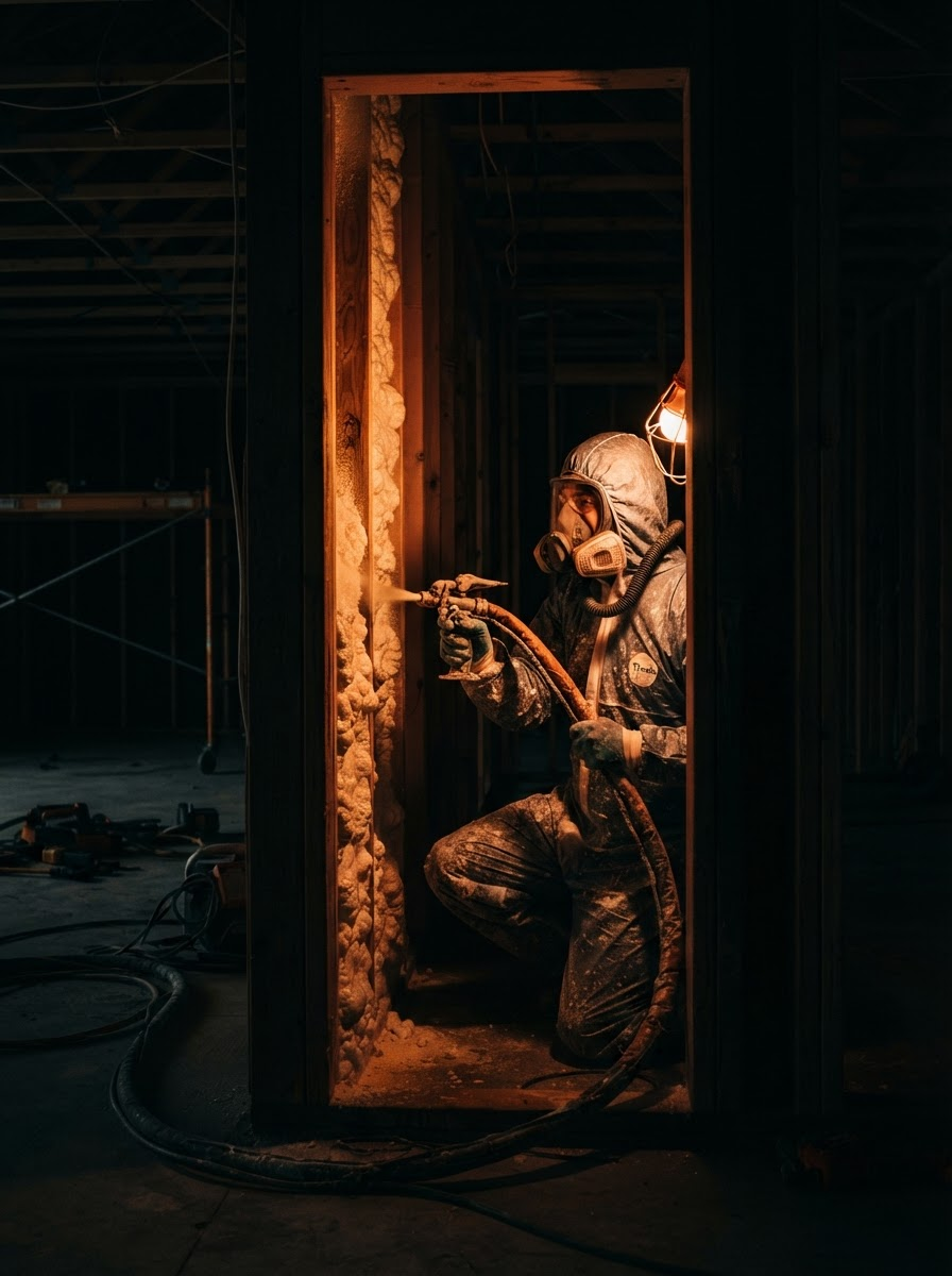 Worker in protective suit crouches in a dark doorway, lit by orange light in an industrial setting