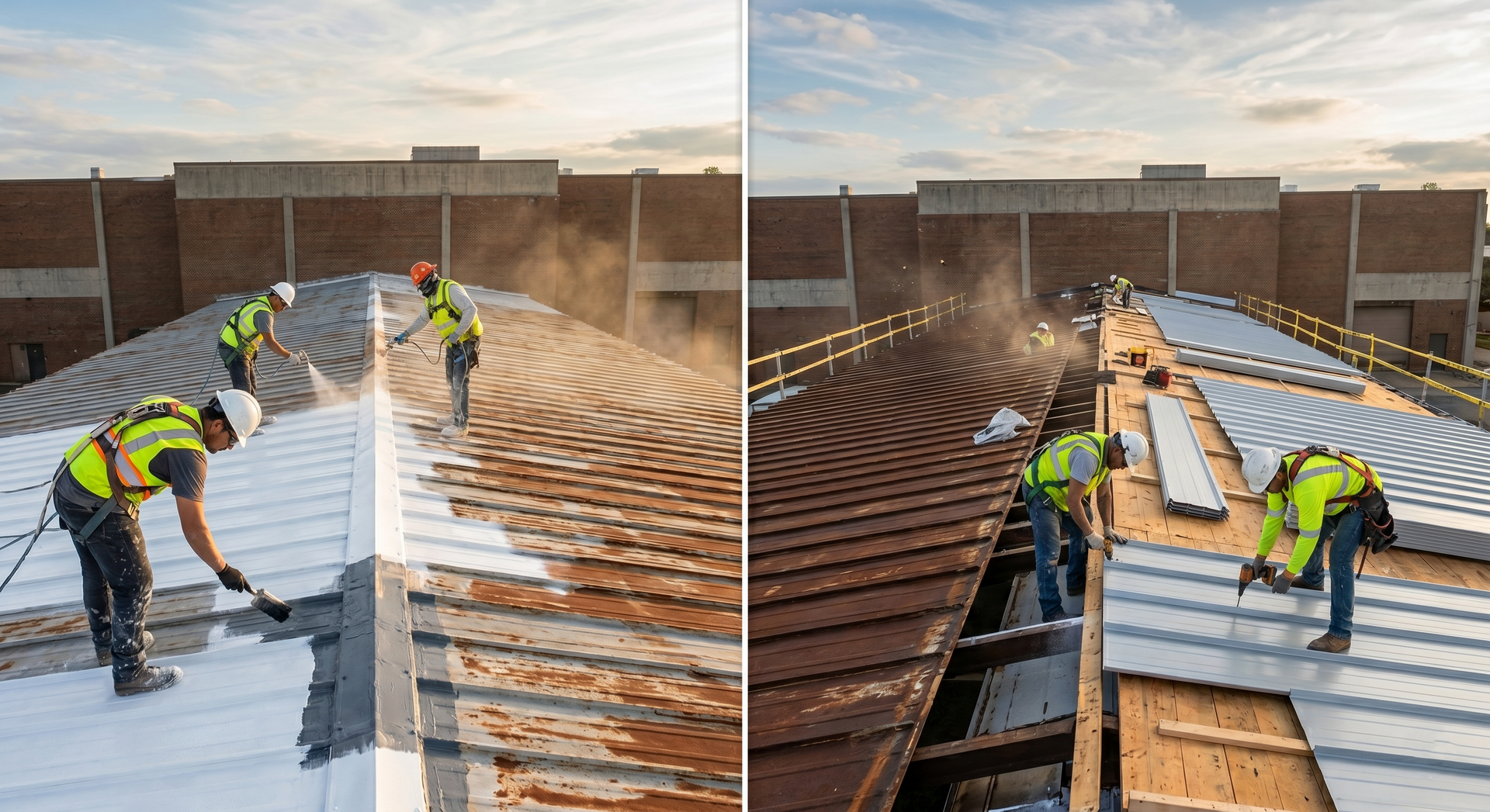 Workers installing corrugated metal roofing on a large curved roof structure.