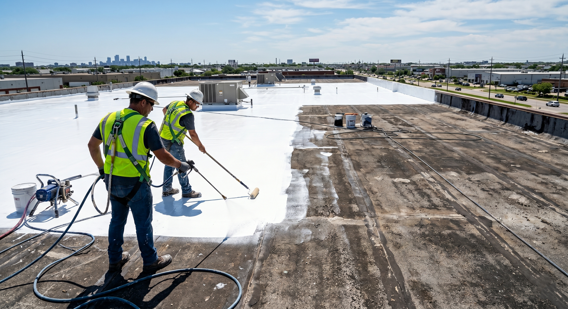 Two workers in hard hats spray white coating on a flat rooftop under a clear sky.