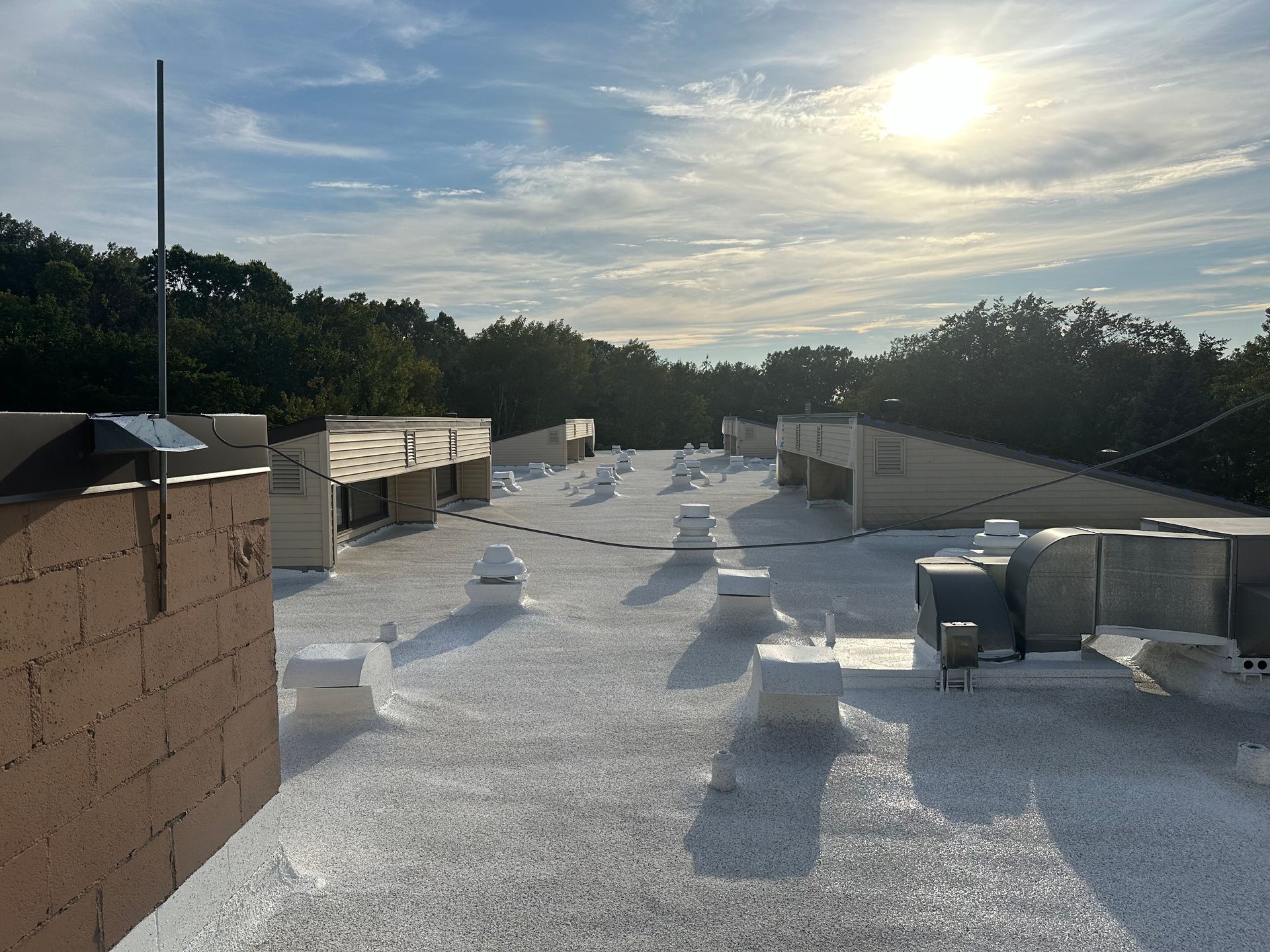 Flat rooftop with white coating, vents, and HVAC units under bright sunlight.