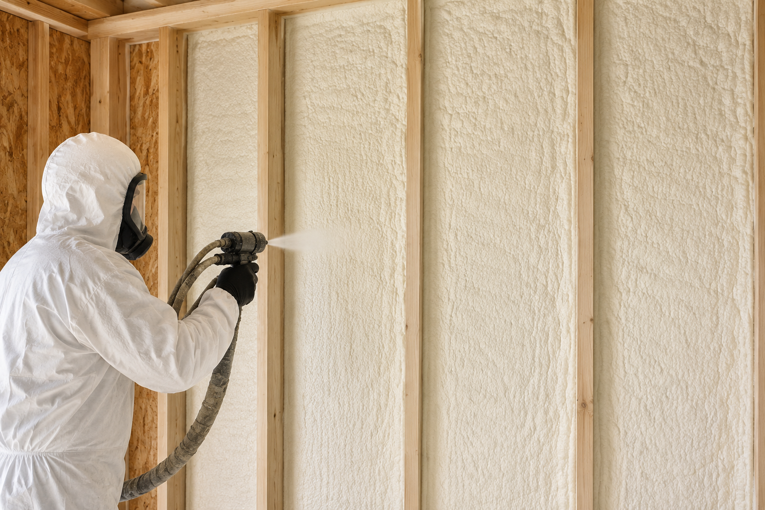 Person in white protective suit spray foaming wall insulation in a framed interior wall