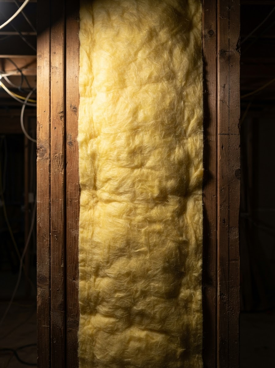 Yellow insulation batts between dark wooden wall studs in an unfinished interior wall