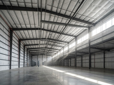 Empty industrial warehouse with high metal roof, concrete floor, and rows of steel columns and windows