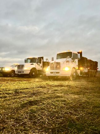 Three white trucks parked in a grassy field under a cloudy sky; headlights on.