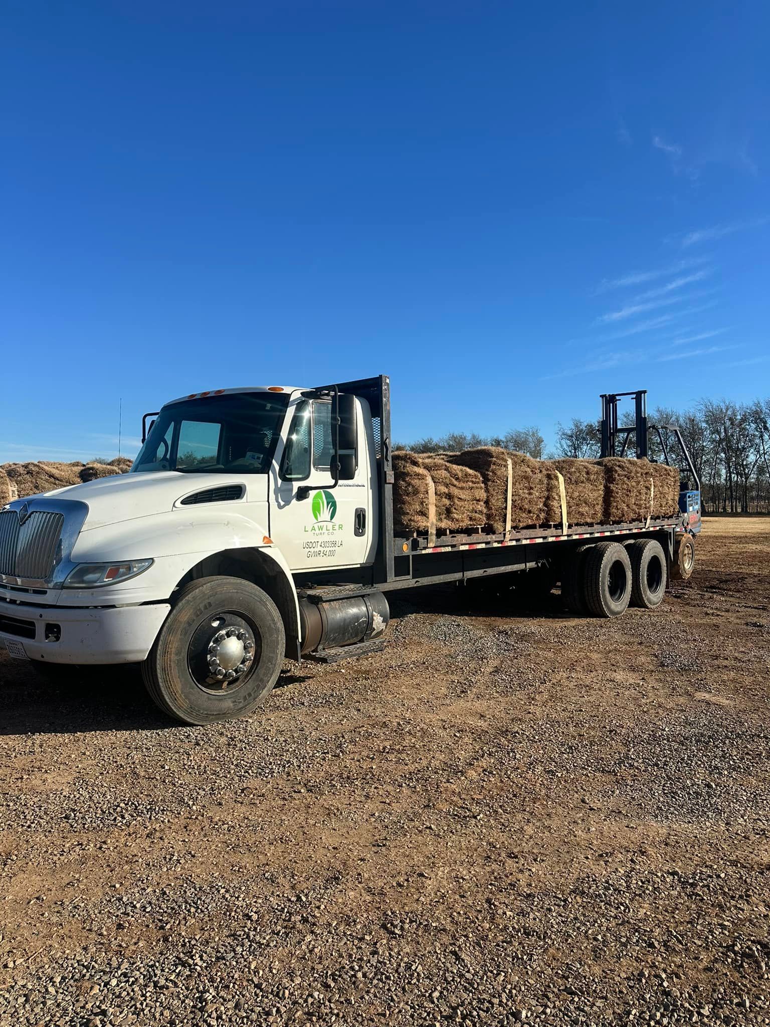 White flatbed truck carrying a load of rectangular packages on a dirt field under a blue sky.