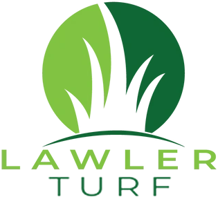 Lawler Turf logo: green circle with grass blades, green text below, "LAWLER TURF".