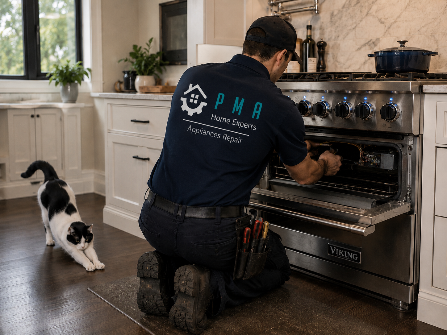 Person kneels at an open oven while a black-and-white dog watches in a bright kitchen