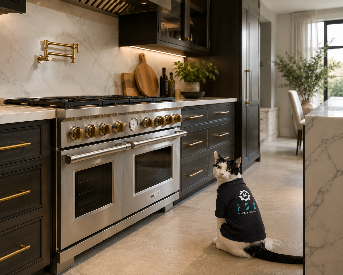 Cat sitting on a kitchen floor beside a stainless-steel stove in a modern kitchen