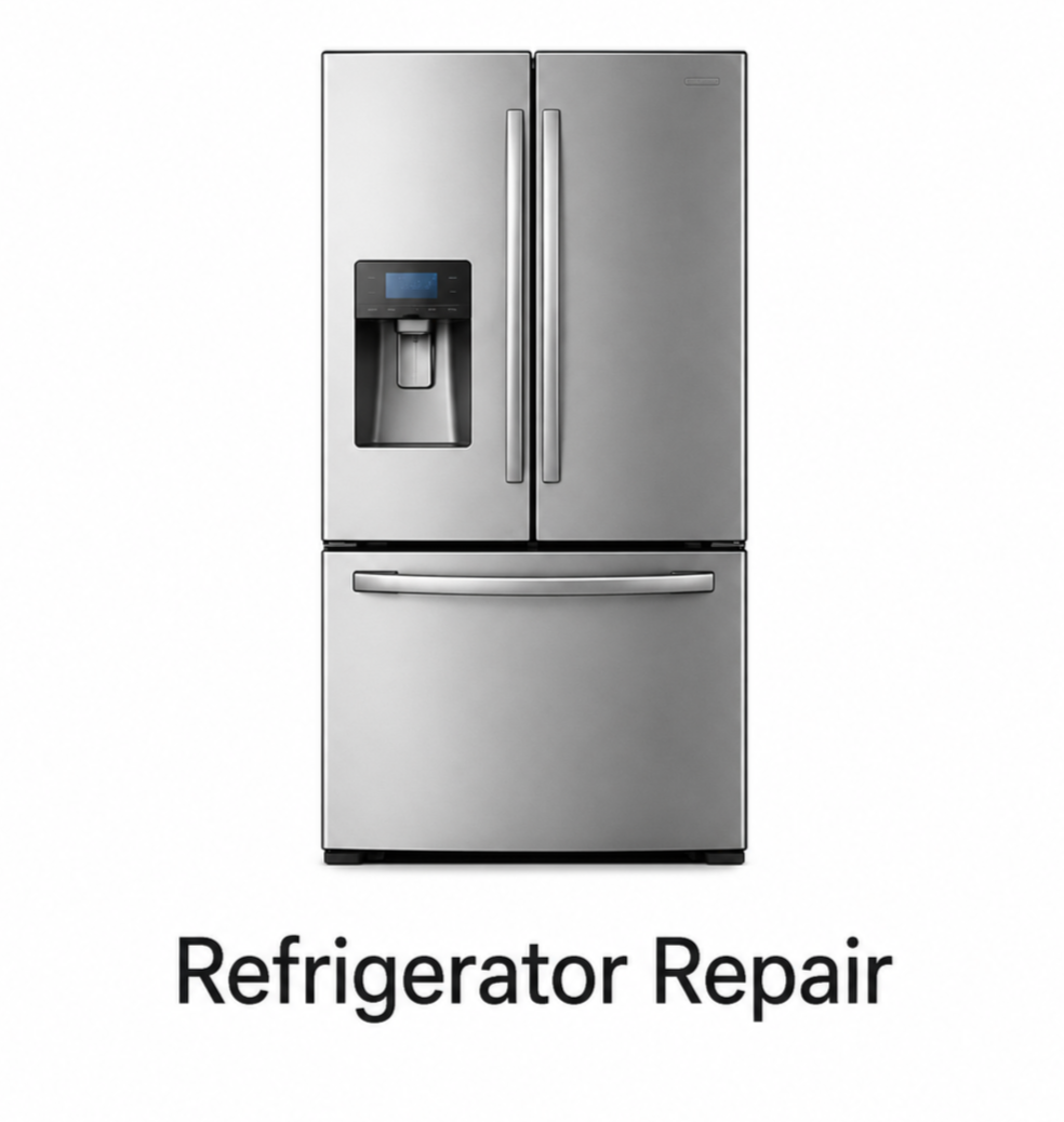 Silver refrigerator with water dispenser and the text “Refrigerator Repair”
