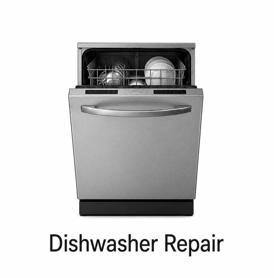 Stainless steel dishwasher with open rack, labeled “Dishwasher Repair”