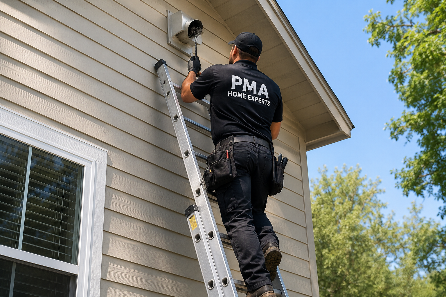 Worker on a ladder repairing a house exterior near the roofline