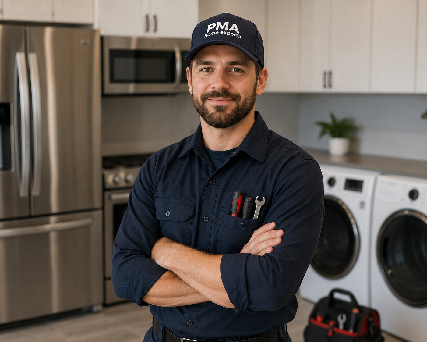 Smiling handyman in navy uniform standing in a modern kitchen, arms crossed.