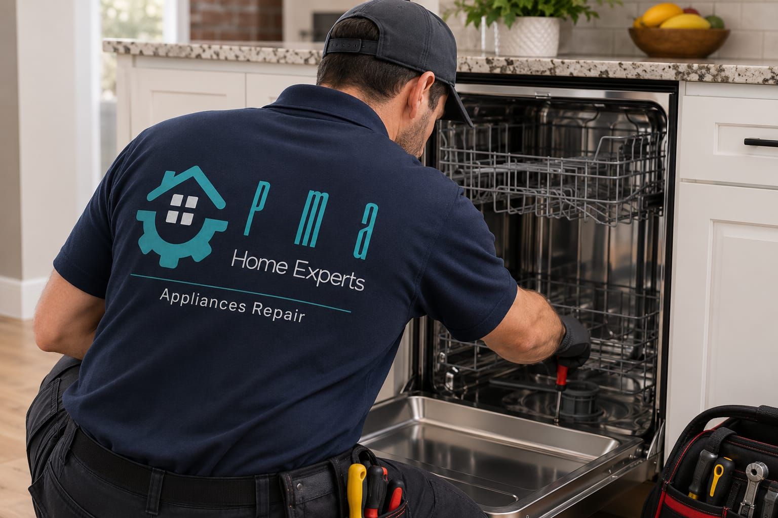 Technician repairing an open dishwasher in a kitchen