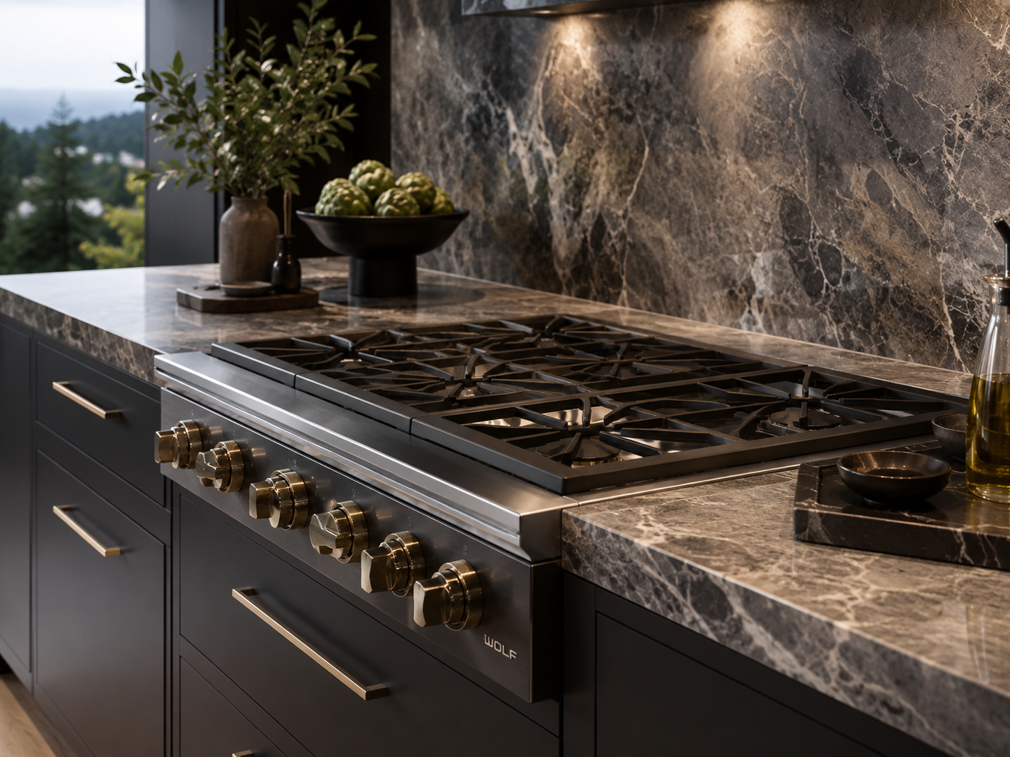 Luxury kitchen with stainless gas range, dark marble countertops, and stone backsplash lighting